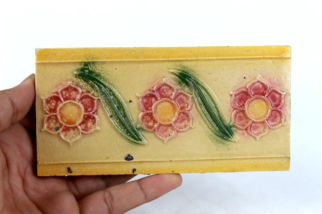 Antique Embossed Ceramic Tile: Rare Floral Art Collectible from Japan