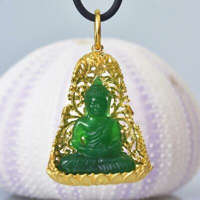 Buddha Image Gold Vermeil Sterling Bodhi Tree Green Chalcedony Pendant 13.04 g