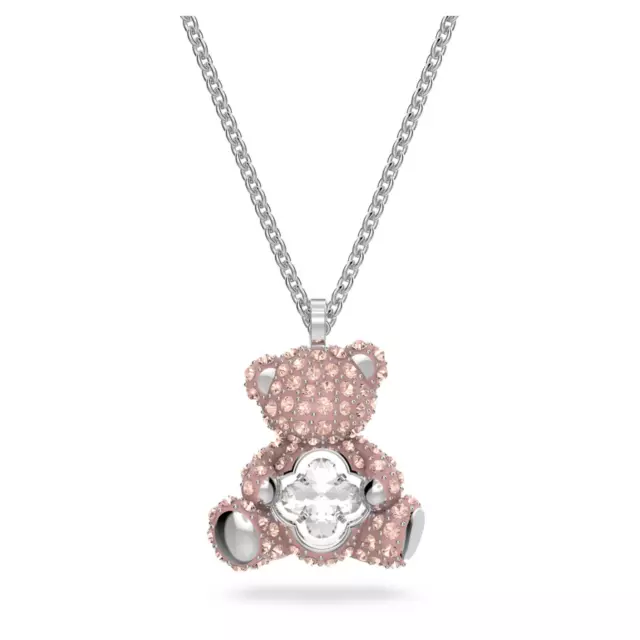 NIB SWAROVSKI #5599168 Pink Teddy Bear Pendant Necklace Clear Heart Rhodium Pltd