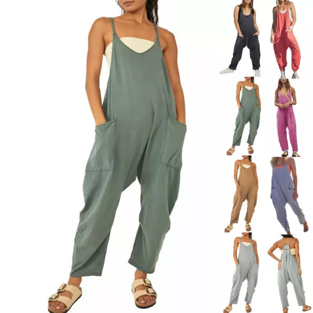 Womens Overalls Dungarees Tops Loose Wide Leg Trousers Ladies Pockets Jumpsuit