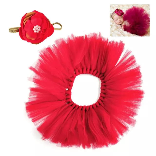 Newborn Baby Girl Red Tutu Skirt  Flower Headband Photography Photo Costume Prop