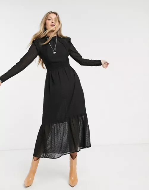 Topshop – Schwarzes Midikleid mit Rüschen Schwarz Gr.38 UK10