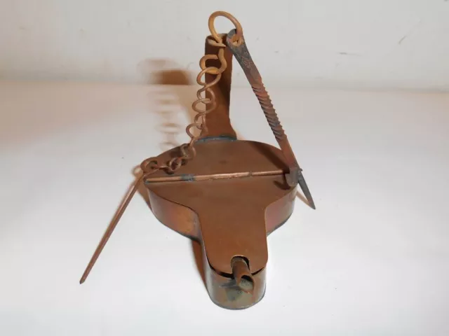 Antique Primitive Oil Betty Lamp Copper Hand Forged Wrought Iron 4 Inch Tall