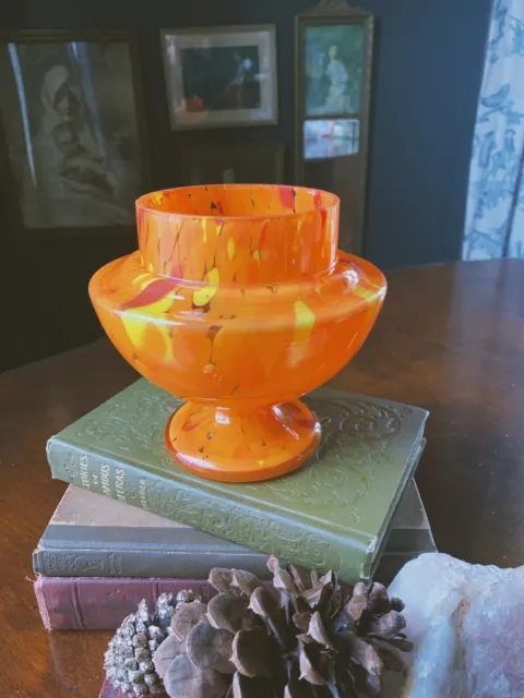Art Deco Czech Spatter Art Glass Orange Vase Rose Bowl Pique Fleurs Splatter MCM