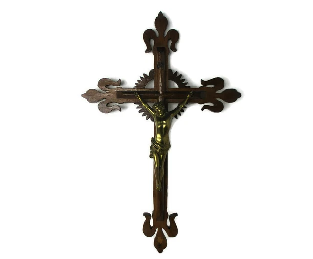 XL Hand Carved Wood  French Hanging Ornate Crucifix Jesus Christ Fleur de Lis