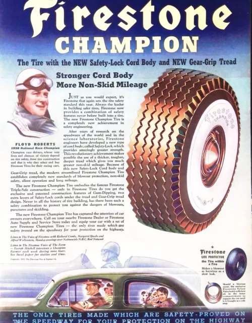 Vintage Print Ad 1939 Firestone Champion Tire Company Floyd Roberts Race