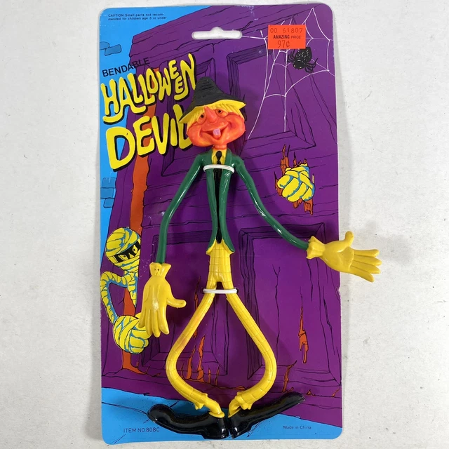 Halloween Devil Vintage Scarecrow Rubber Bendy Monster Toy Figure 9” New NOS