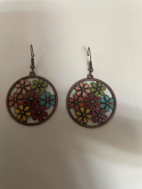 1 x Set of Precious Bohemian Style round Bronze Flower with Colours Earrings U