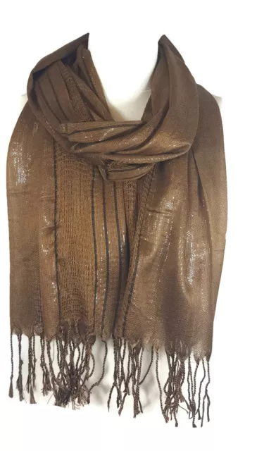 Ladies Womens Glitter Stripes Net Scarf Shawl Stole Cover Up - Mocha (PRTY)