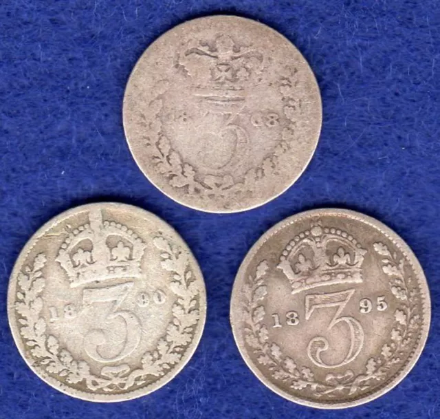 GB 3x Victoria Silver Threepence, 3d, Young, Jubilee & Old Head  (Ref. t6025) 2