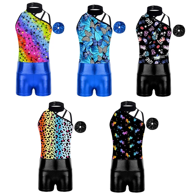 Kids Girls Romper Athletic Leotard Biketard Dance Set Back Printed Jumpsuit