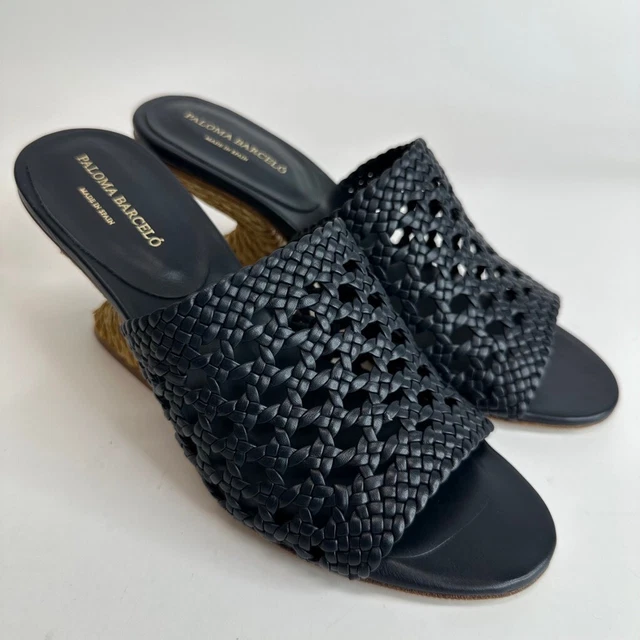 Paloma Barcelo Womens Runny Sandal Heel Navy Blue Leather Woven Espadrille 6 New