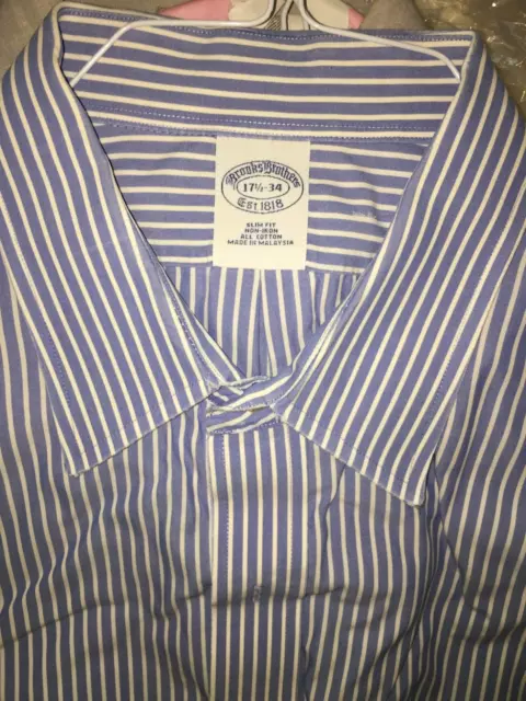 BROOKS BROTHERS Slim Fit Non Iron White Blue Stripe Cotton Dress Shirt 17.5 - 34