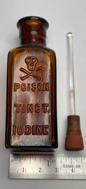 Brown Square Bottle Embossed POISON TINCT. IODINE w/ Dauber 3 1/8" tall KS-12 c