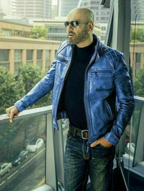 Men's Genuine Lambskin Leather Biker Festive Motorcycle Blue Stylish Jacket