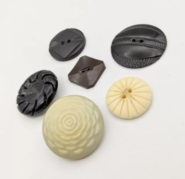 Vintage Plastic Buttons Carved Art Deco Celluloid white brown black 1 Bakelite