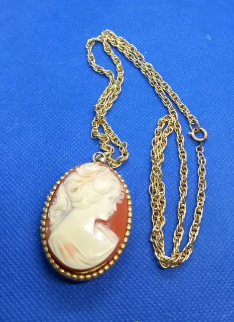 Vintage Reversible Cameo pendant Johnson's 17 Jewels Watch Goldtone Long Chain