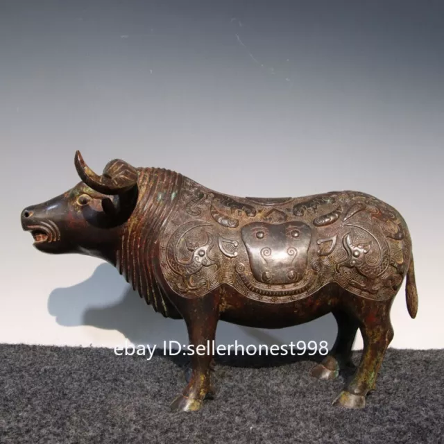 Chinese Dynasty Old Bronze Ware Beast Inscription Cattle OX Bull Sculpture