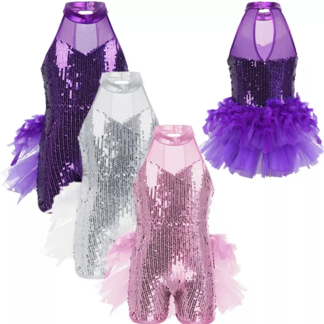 Kids Girls Sequins Dance Unitard Modern Jazz Mock Neck Leotard Jumpsuit Costume