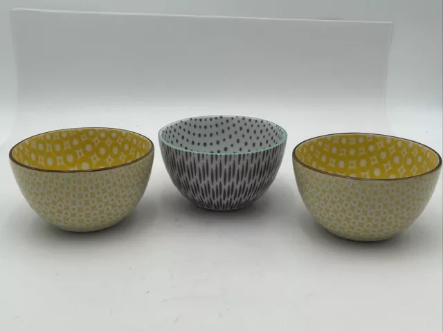 West Elm Set Of 3 Rice Soup Cereal 5” Bowls Mixed Patterns Ceramic Blue Japan