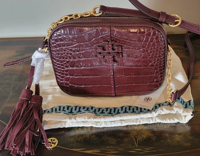 $550 Nwt Tory Burch Mcgraw Croc Embossed Leather Camera Bag Crossbody Berry Ghw