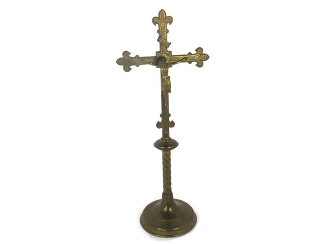 French Standing Altar Church Chapel Crucifix Cross Ornate Brass Enamel Fleur de