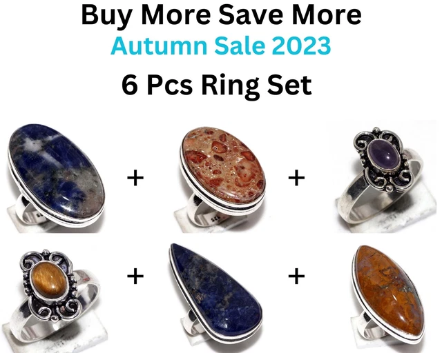 Sodalite,Asteroid Jasper Tiger Eye,African Moss 6pcs Ring Combo Set 7 JW