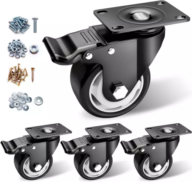 3 Inch 4 Pack Heavy Duty Caster Polyurethane Wheels with Brake Swivel Top Plate