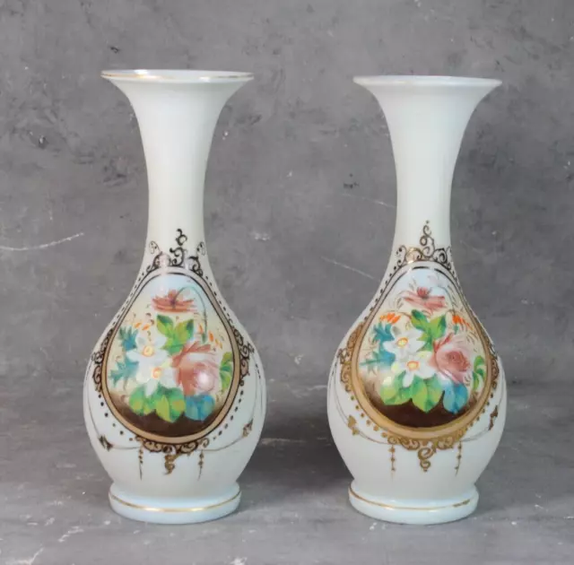 Pair of Antique Victorian Hand Painted Milk Glass Fluted Vases c1880s Flowers