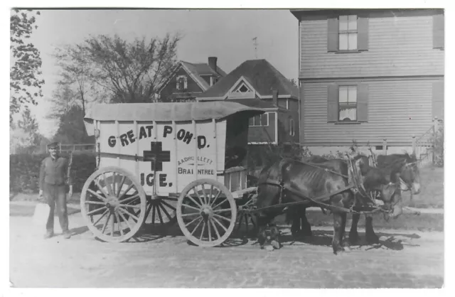 Rppc -- Great Pond Horse-Drawn Ice Wagon -- Braintree, Massachusetts