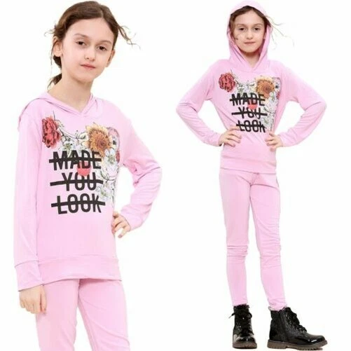 Top Bambina Fatto You Look Stampa Maniche Lunghe Rosa con Cappuccio Set Leggings