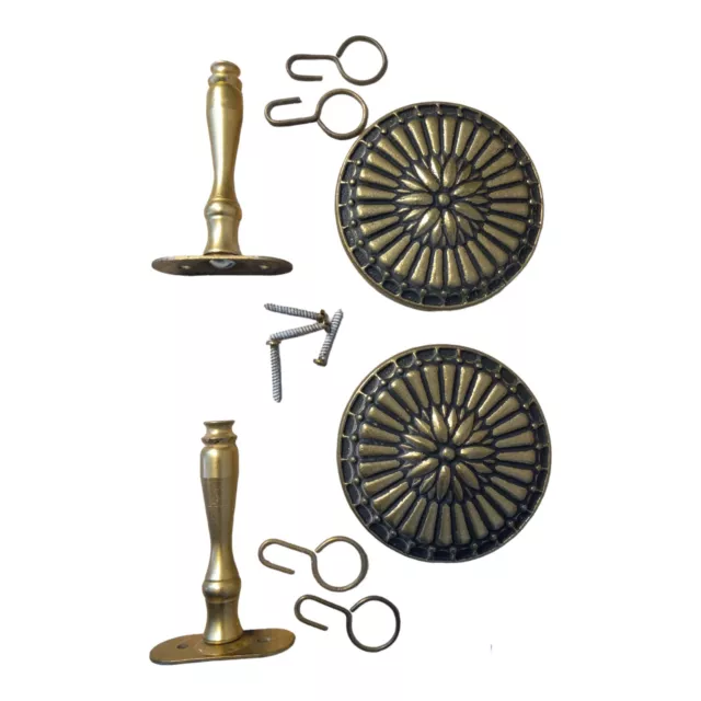Vintage Brass Curtain Tie Backs Wall Hooks Victorian drapery medallion