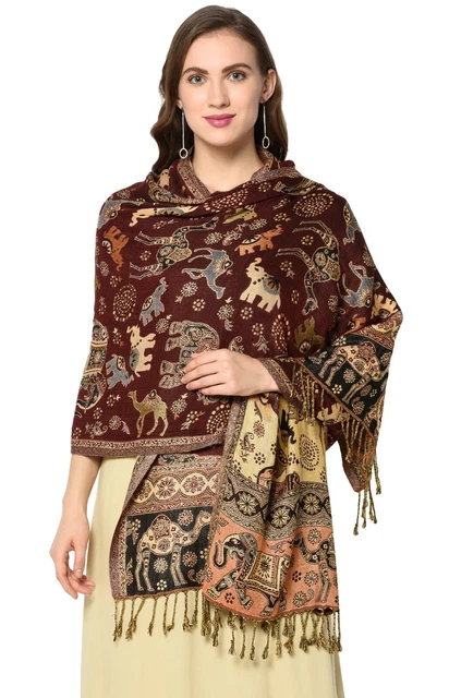 Grand Châle Pashmina Cachemire Brodé Bordeaux - 200x70 Cm, Franges, Fabriqué En Inde