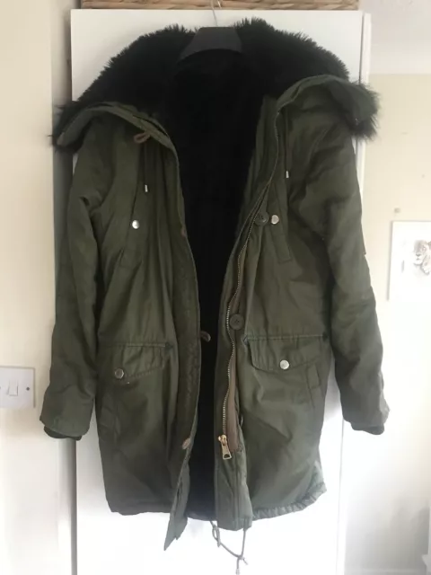 TOPSHOP Khaki Olive Parka Coat Black Fur Sz 12