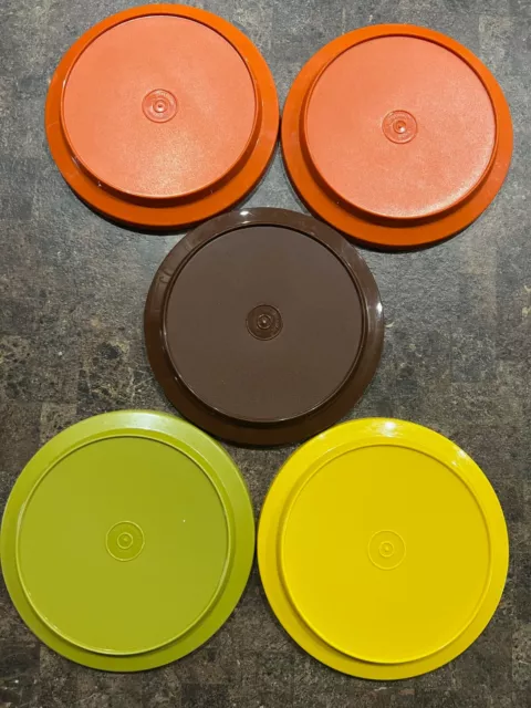 Set of 5 Vintage Tupperware Lids 1207 Harvest Colors Orange Green Yellow Brown