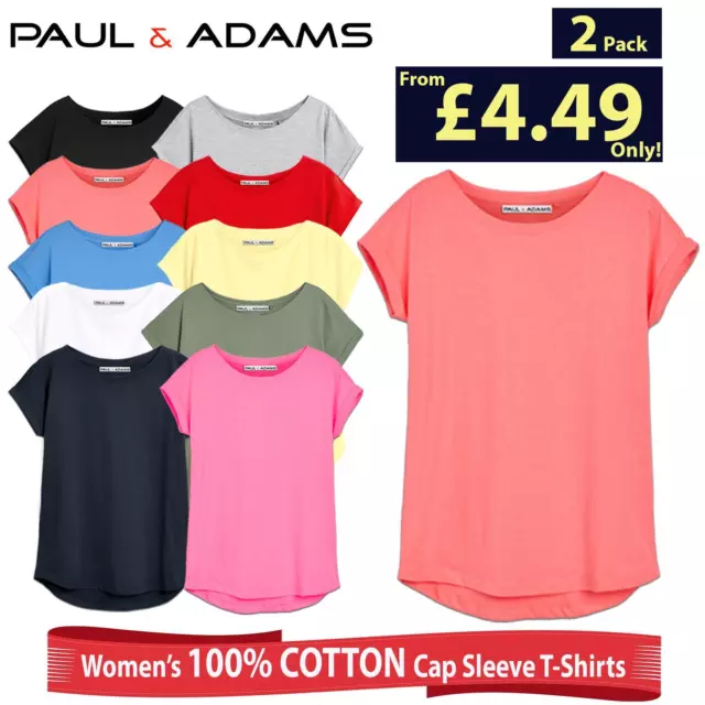Ladies 2 Pack Cap Sleeve Plain 100% Cotton T-Shirts Womens Round Neck Plain Top
