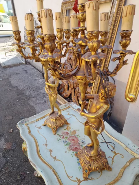 Coppia Candelabri Bronzo Dorato - Figure In Fusione - 7 Bracci Ognuno Primi '900 3