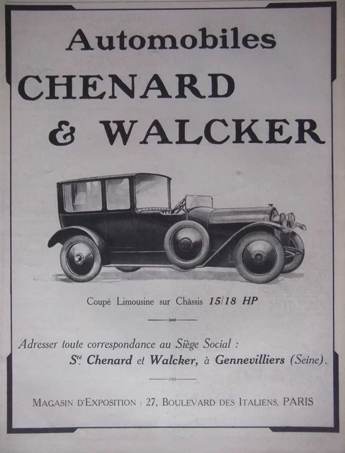 Publicité 1919 Automobiles Chenard & Walcker Coupé Limousine - Advertising