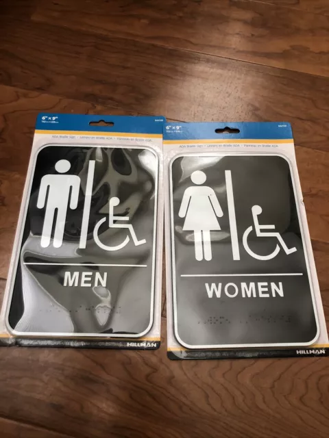 Lot 2 Men Women Restroom Signs, ADA-Compliant Braille Bathroom, stick on NEW