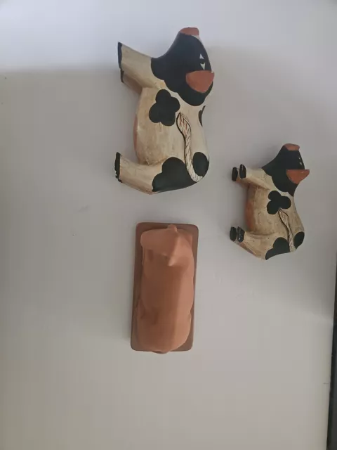 Cow Butter Dish Romertopf by reco and Two Hand Carved And Painted Cows For Decor