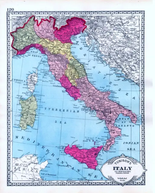 Hand Colored Map  - Italy - Austria - Tunison's Atlas-1885 Antique Engraving