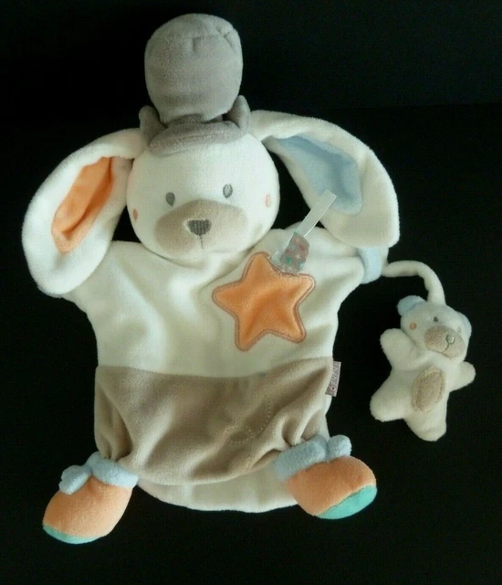 *. Doudou Marionnette Bebe9 Lapin Blanc Chapeau Etoile Gris Orange Bebe Et.neuf*