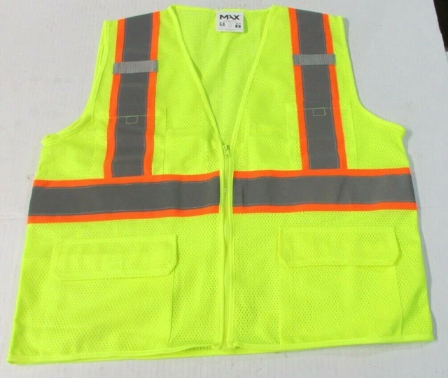 MENS MEDIUM HIGH VISIBILITY YELLOW Vest 3" Grey/Orange Reflector Zip Up Pockets