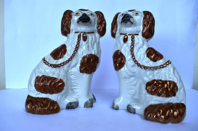 Antique Pair Of Staffordshire Copper Luster Dogs With Separated Legs Wider Old'F