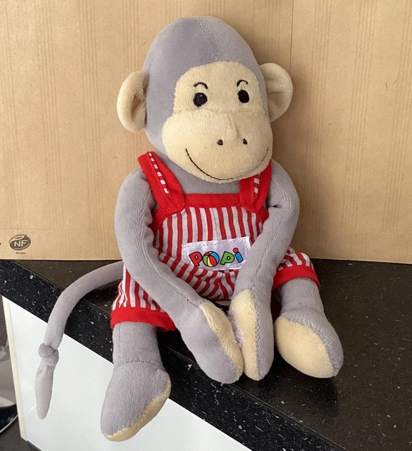 Peluche doudou singe Popi gris salopette rouge rayé blanc Bayard presse￼ 26 cm