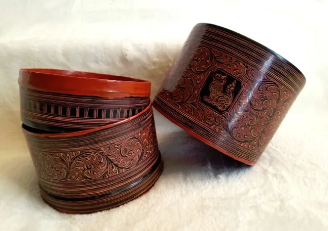 Antique or Vintage Handcrafted Sm Betel Box Burmese Yun Lacquerware Bamboo 5 Pcs 2