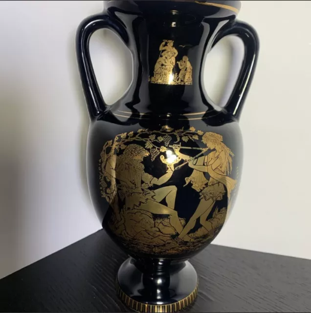 KA Greek Vase Handmade In Greece 24K Gold Trim 8.5” Tall Black Mythology