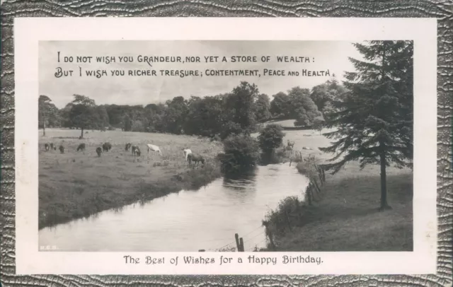 Real photo birthday message view of field, horses, and river rotary