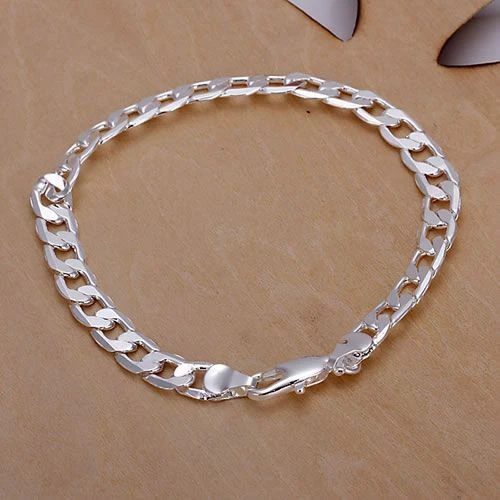 Bracelet Rectangulaire Large En Plaqué Argent 925 - Longueur 20 Cm, Largeur 6mm - Unisexe Neuf