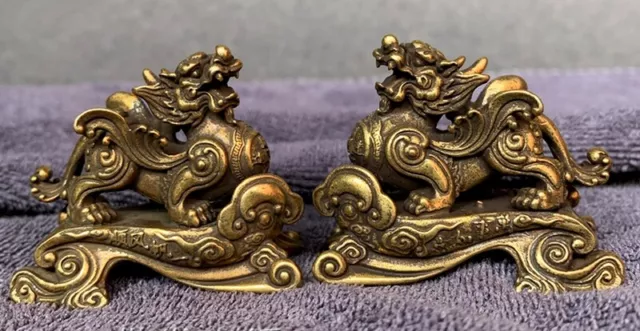 Pair Brass Pi Yao Pi Xiu Statue Feng Shui Wealth Porsperity Figurine